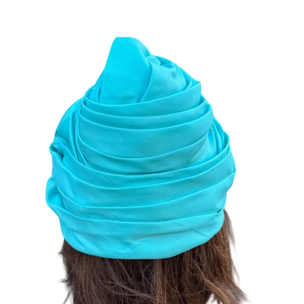 Turquoise Blue Pleated Turban Headwrap Women Statement Top Knot Fashion Hat